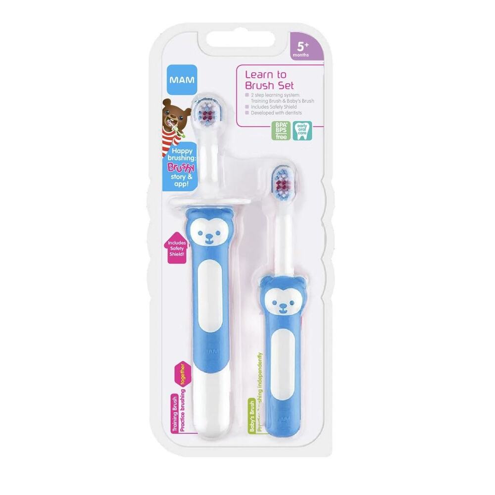 NEW MAM Blue Learn to Brush Toothbrush set for baby‎ 5+ months Training Shield!